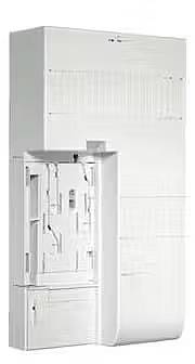 Biały, pionowy pojemnik z elementami struktury kabli i szczelin na przedniej powierzchni, prawdopodobnie urządzenie techniczne służące do łączności lub transmisji.