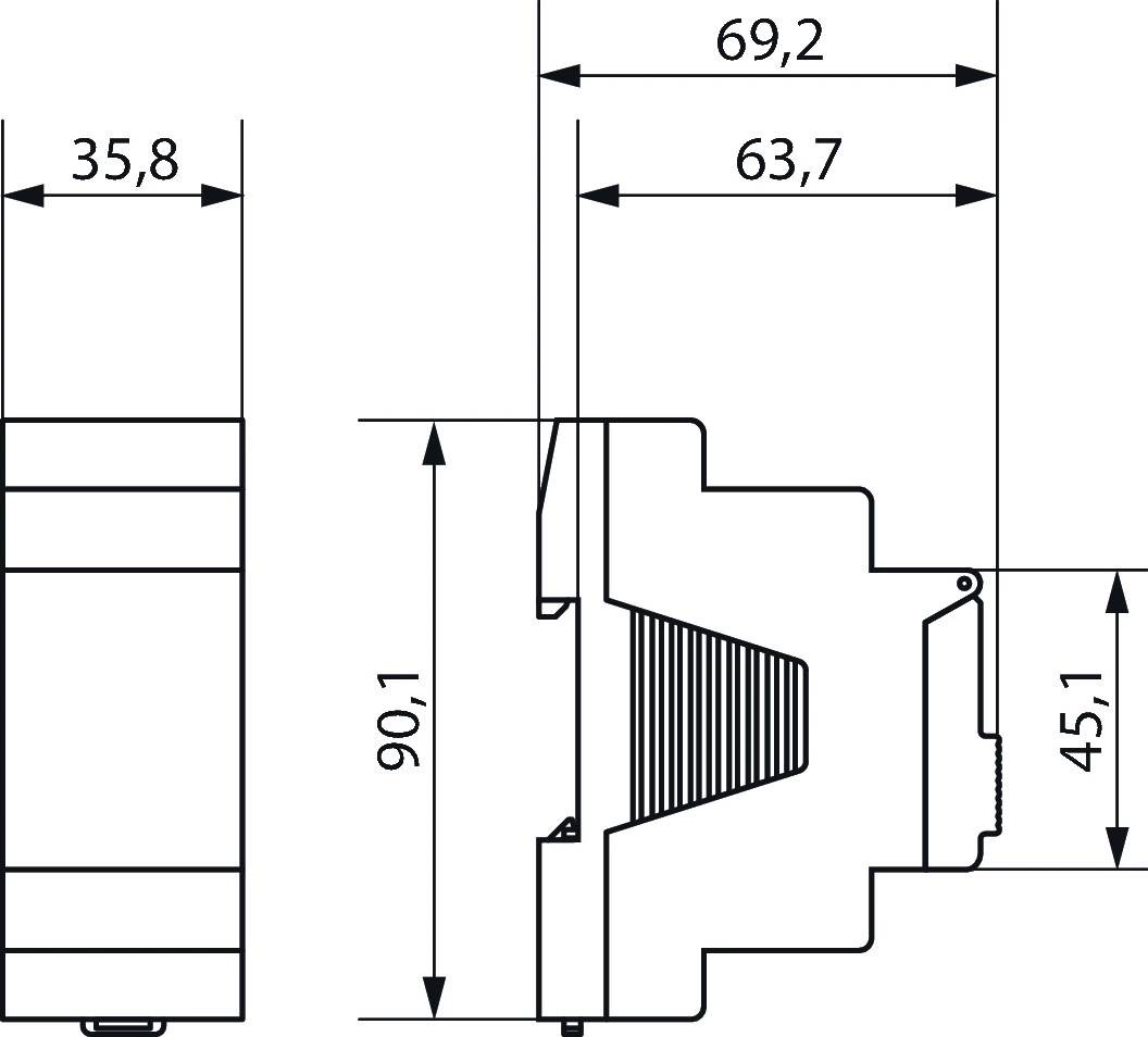 Rysunek techniczny urządzenia z wymiarami: szerokość 35,8, głębokość 63,7, wysokość 90,1. Przedstawia widok boczny i górny.