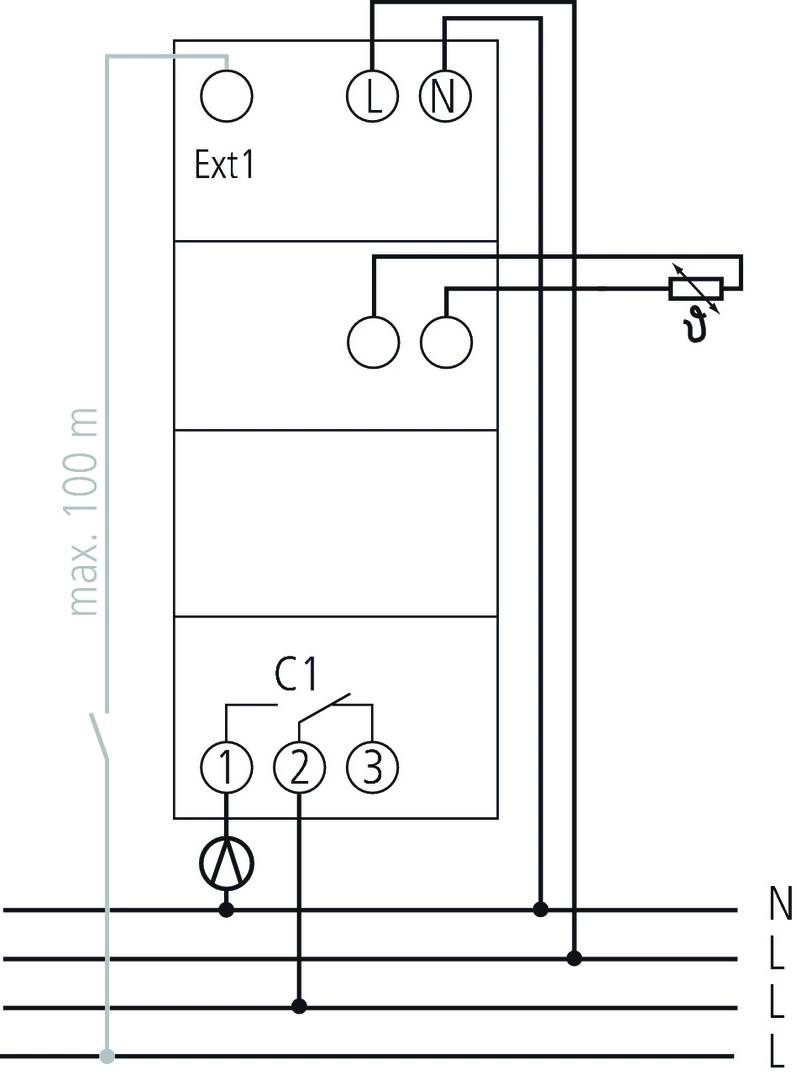 Schemat instalacji systemu elektrycznego o maksymalnej długości 100 m. Przedstawia połączenia, przełącznik (C1) oraz wyjście Ext1.