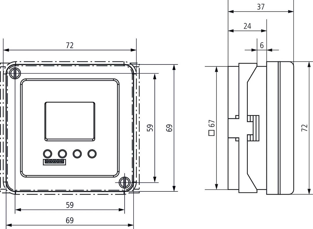 Rysunek techniczny prostokątnego urządzenia o wymiarach w milimetrach: 72x69 od przodu, 67 głębokości. Posiada przyciski i wyświetlacz.