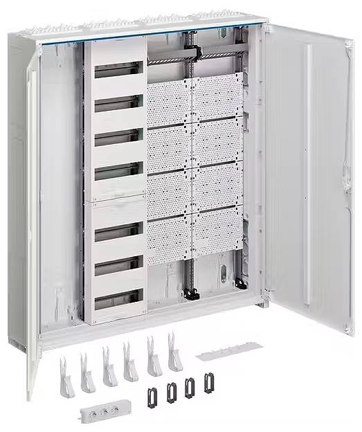 Otwarty elektryczny szafa sterownicza z ustrukturyzowanymi jednostkami i osprzętem montażowym, gotowy do instalacji.