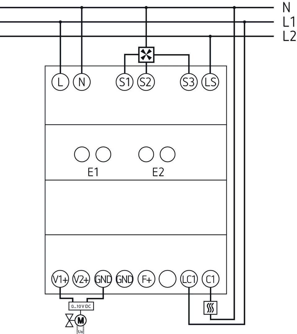 Schemat elektryczny przedstawia punkty przyłączeniowe: L, N, S1, S2, S3, LS. Obwody elektryczne i symbole napięcia, uziemienia, termistora.