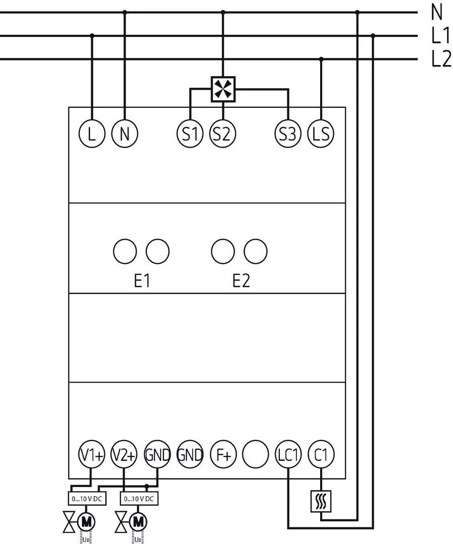 Schemat elektryczny urządzenia z przyłączami, przełącznikami i kontrolkami. Górna sekcja przedstawia pięć wejść (L1, N, S1, S2, S3, LS), dolna sekcja różne punkty napięcia.
