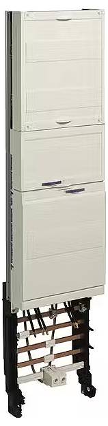 Elektryczny rozdzielnik elektryczny z wieloma sekcjami i otwartą dolną przestrzenią, prezentujący komponenty mechaniczne i elektryczne.