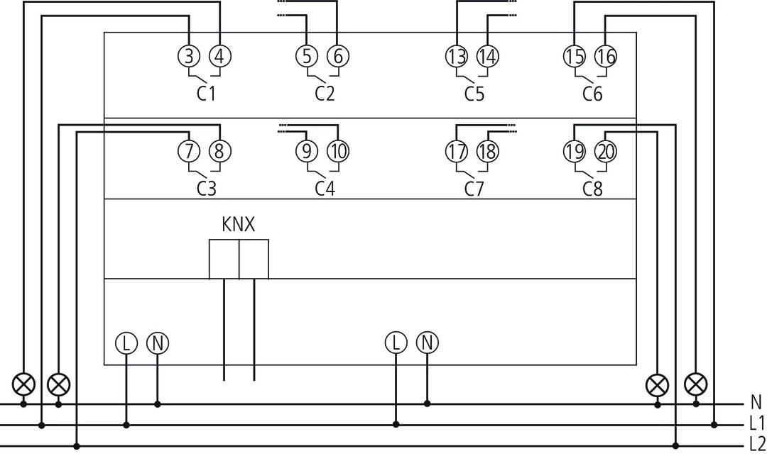 Schemat elektryczny z ośmioma obwodami, z których każdy posiada styk i cewkę (C1-C8). Na dole magistrala KNX połączona z przewodami neutralnymi (N) i fazowymi (L).