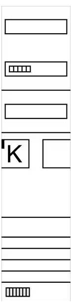 Diagram abstrakcyjnego układu z prostokątami, niektóre puste, inne wypełnione czarnymi paskami; lewy prostokąt przedstawia literę 'K'.