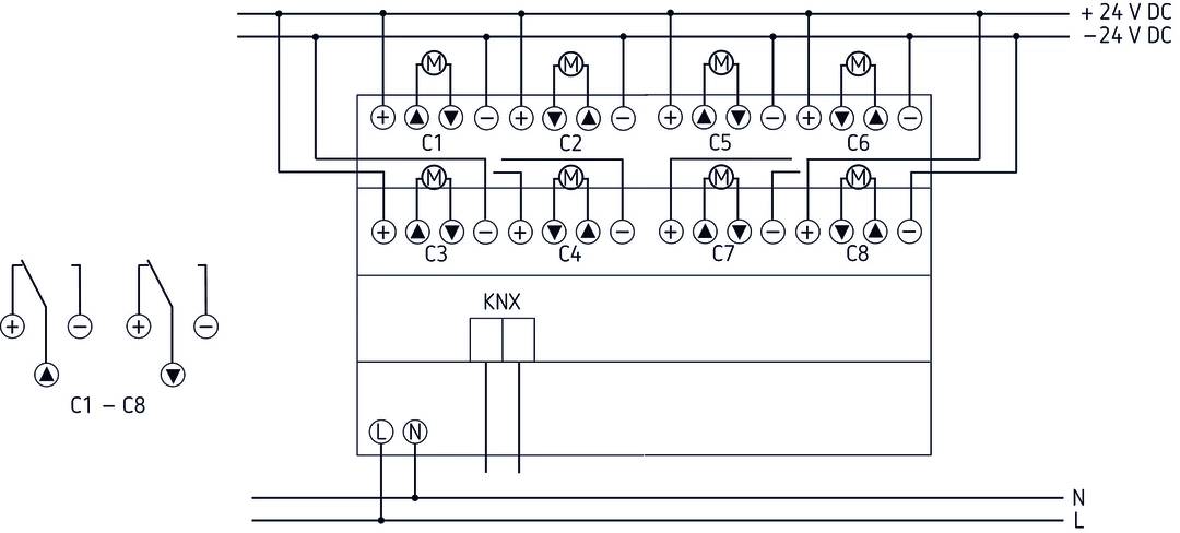 Schemat elektryczny systemu KNX z siedmioma kondensatorami (C1-C7) i odpowiednimi przełącznikami. Przewody są podłączone do dystrybucji prądu.