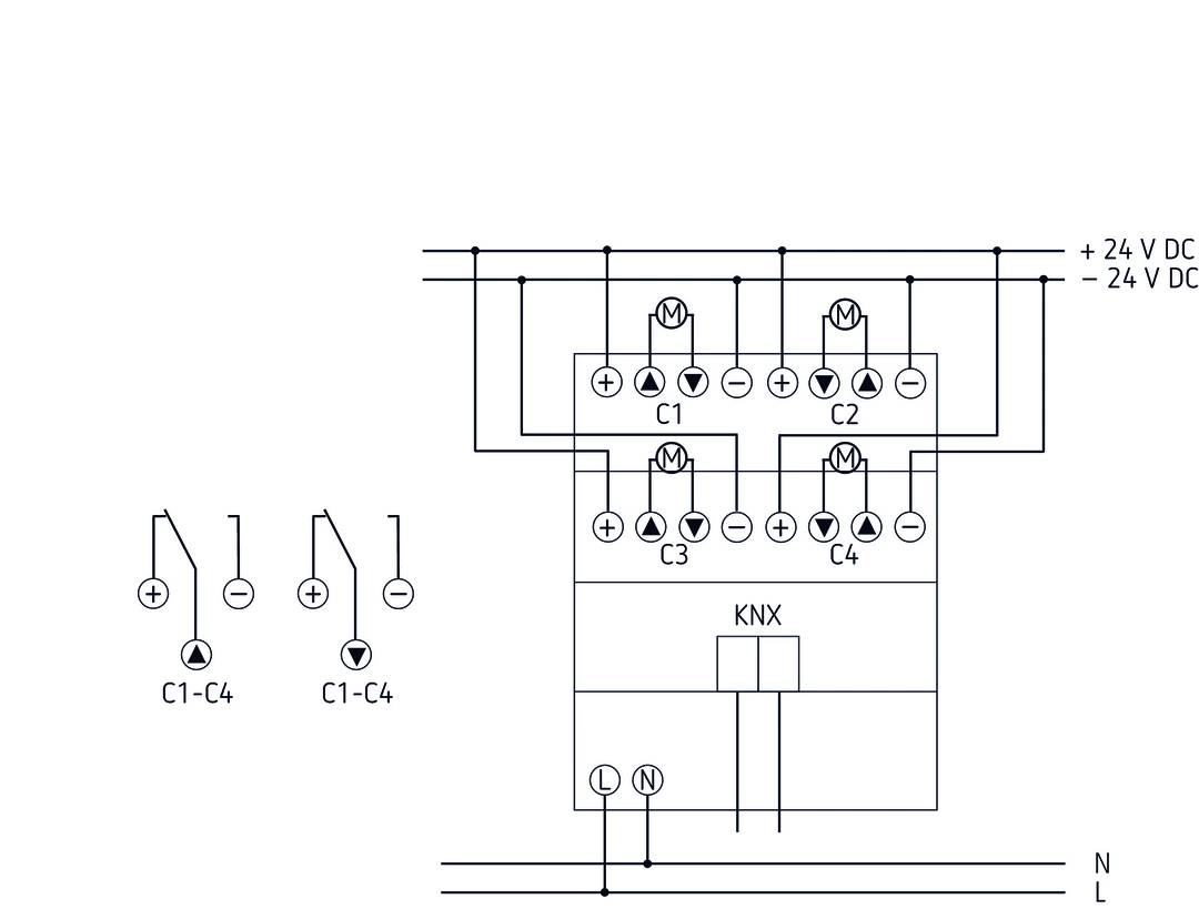 Schemat połączeń przedstawia połączenie elektryczne między czterema komponentami (C1-C4) a urządzeniem sterującym KNX. Linie reprezentują obwody elektryczne.