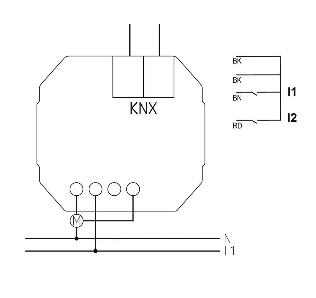 Schemat elektryczny interfejsu KNX, przedstawiający podłączenia BK, BN, RD dla sterowania I1 i I2, a także przewód neutralny N i fazę L1.