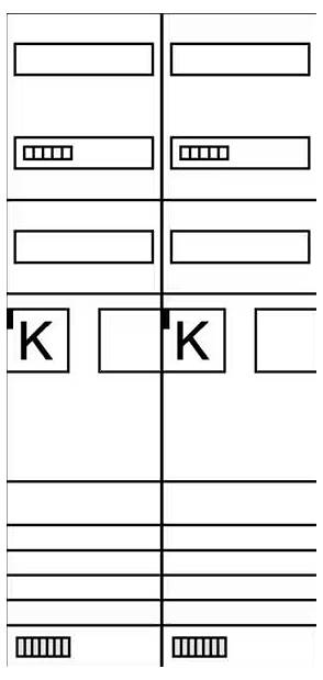 Diagram z dwiema kolumnami; każda kolumna ma cztery prostokątne pola. Górne i dolne pola są puste, środkowe pola są zaznaczone przerywaną linią. Prawa kolumna ma literę 'K' w środku.