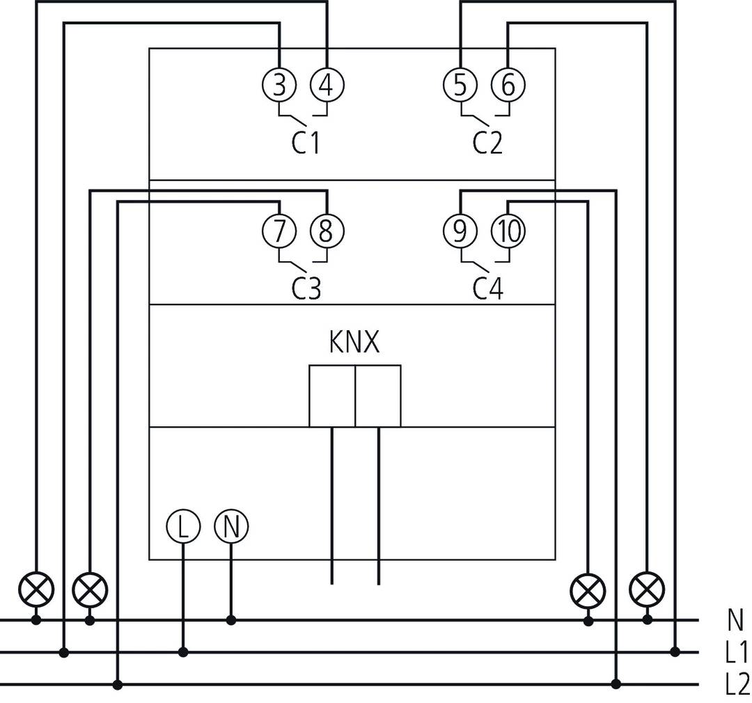 Schemat połączeń systemu KNX z czterema przekaźnikami (C1-C4), połączonymi przez L i N z wieloma lampami.