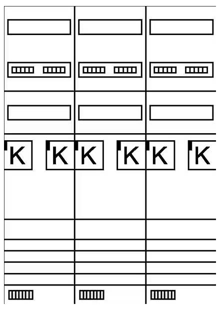 Diagram przedstawia tabelaryczne zestawienie z sześcioma kolumnami. Każda kolumna rozpoczyna się dwoma prostokątnymi polami, po których następuje pole z literą 'K'. Poniżej znajdują się kolejne wiersze z prostokątnymi polami.