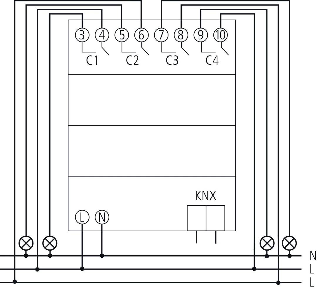 Schemat elektrycznego rozdzielacza z czterema kanałami (C1 do C4), złączami dla L, N i sterowania KNX.