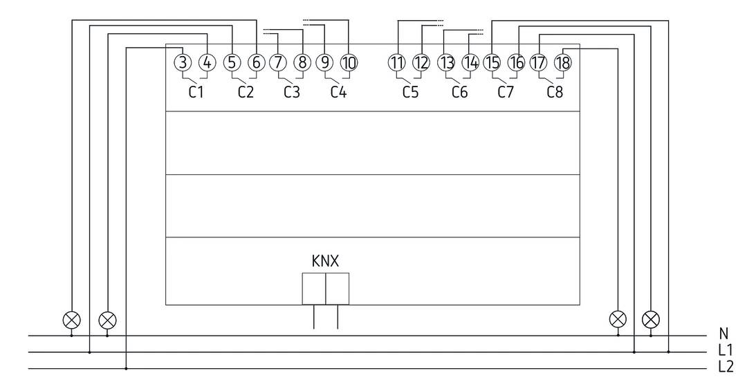 Schemat elektryczny z ponumerowanymi złączami od C1 do C8 oraz od C9 do C18, przedstawiający komponenty KNX w centrum.