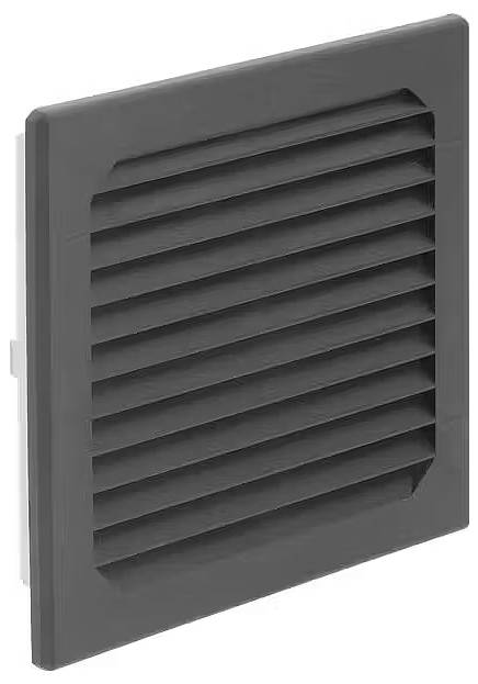 Kratka wentylacyjna z poziomymi lamelami, w kolorze ciemnoszarym, przeznaczona do wentylacji lub odprowadzania powietrza w różnych zastosowaniach.