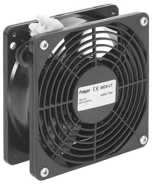 Czarny wentylator firmy Hager, model MES-LF, z naklejką informacyjną o napięciu: 230V, mocy: 18W, częstotliwości: 50/60Hz.