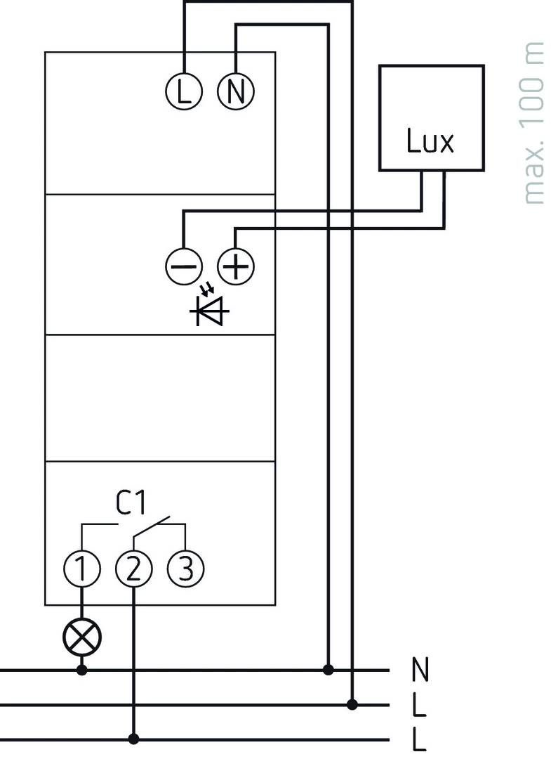 Elektryczny schemat połączeń z miernikiem natężenia światła (luksomierzem), symbolem diody oraz elementem C1 z wyprowadzeniami 1, 2 i 3.