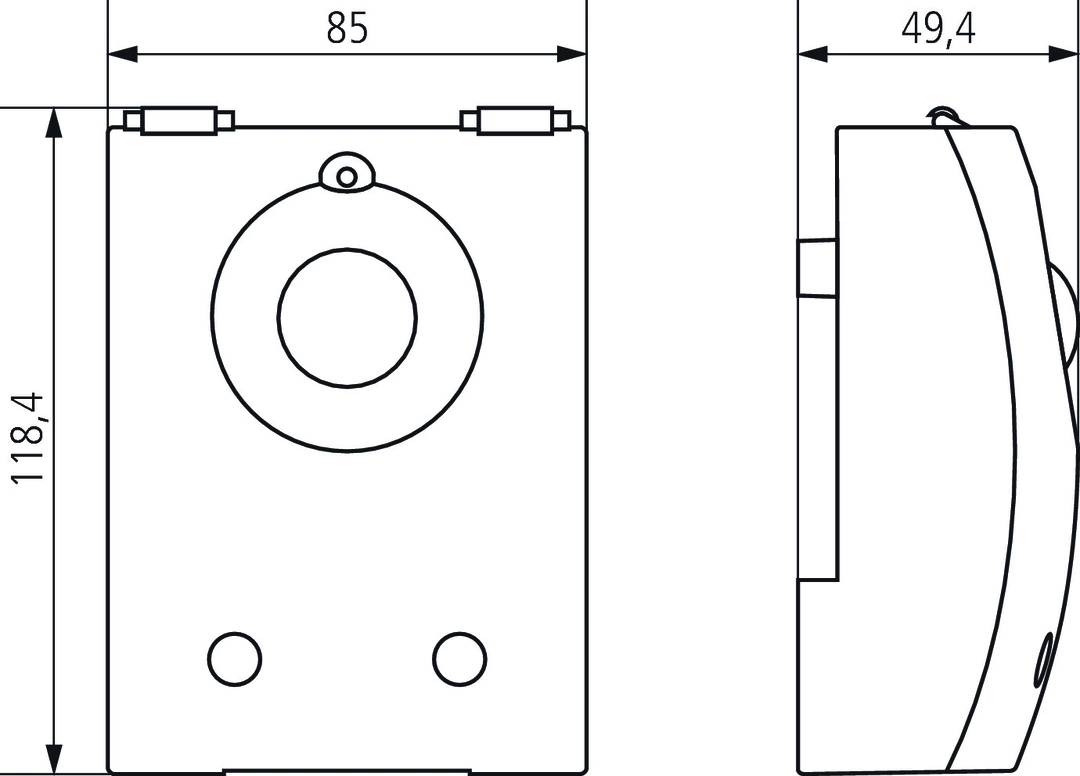 Rysunek techniczny prostokątnego urządzenia z wymiarami, okrągłym otworem u góry oraz dwoma otworami przyłączeniowymi u dołu.