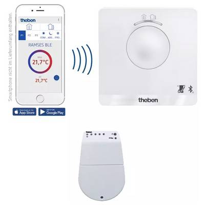Smartfon wyświetla interfejs aplikacji z informacją o temperaturze. Obok niego znajduje się termostat pomieszczeniowy i urządzenie ścienne. Połączenie Bluetooth zostało symboliczne przedstawione.