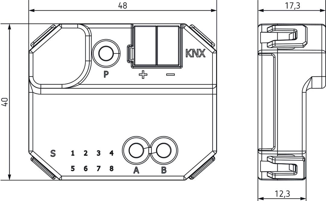 Rysunek techniczny urządzenia KNX z podłączeniami, przełącznikami i jednostkami miary. Zawiera numeracje oraz symbole + i -.