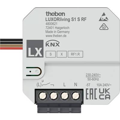 Elektryczny moduł KNX firmy Theben, model LUXORliving S1 S RF, z parametrami technicznymi i złączami, przeznaczony do automatyzacji.
