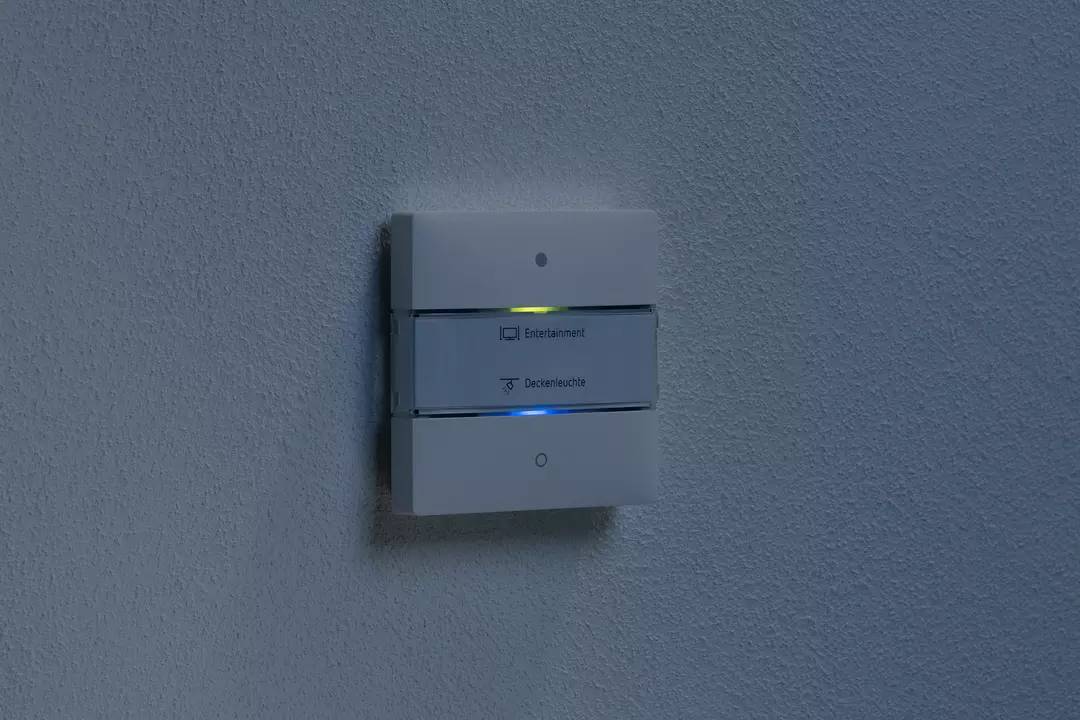 Włącznik światła na ścianie z dwoma podświetlanymi przyciskami, oznaczonymi jako 'Rozrywka' i 'Światło sufitowe'.