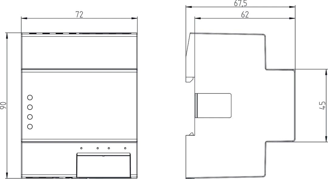 Rysunek techniczny przedstawia widok z boku prostokątnego urządzenia o wymiarach: 72 cm szerokości, 67,5 cm głębokości, 62 cm wysokości.
