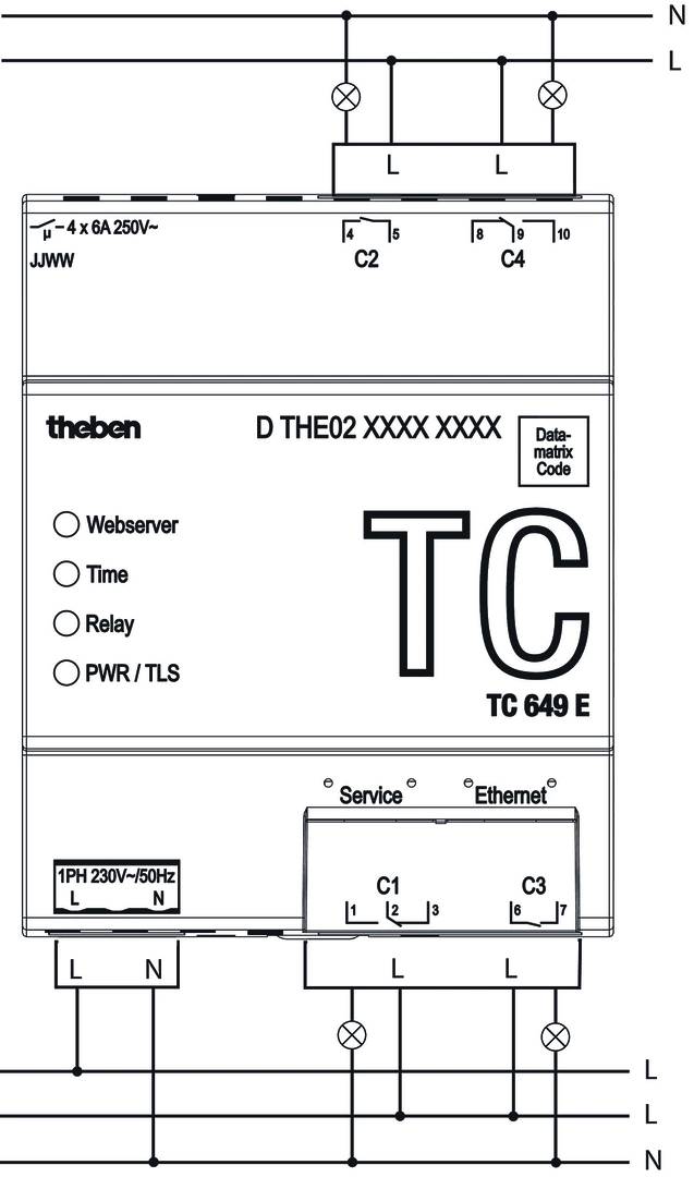 Urządzenie sterujące z napisem 'TC', numer modelu TC 649 E, z funkcjami serwera www, timera i przekaźnika, pokazujące złącza na dole.