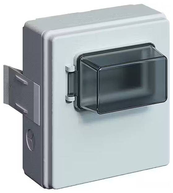 Szaro-biała elektryczna skrzynka bezpieczników z przezroczystą plastikową pokrywą zamontowana na ścianie.