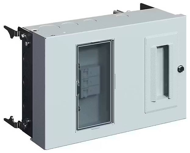 Prostokątna metalowa skrzynka z drzwiczkami szklanymi, przeznaczona do montażu elementów elektrycznych.