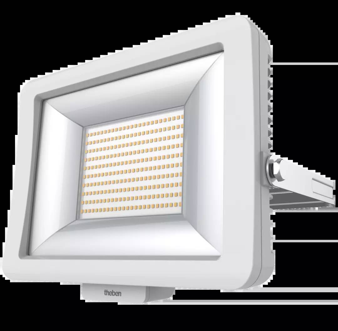 Naświetlacz LED o prostokątnym kształcie, przeznaczony do oświetlenia zewnętrznego. Biała obudowa z wzmocnioną podstawą do montażu ściennego.