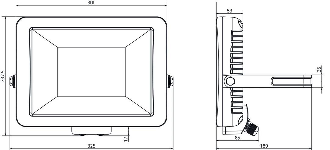 Rysunek techniczny prostokątnego reflektora z wymiarami: szerokość 180 mm, wysokość 85 mm, głębokość 53 mm, symboliczne schematy elektryczne.