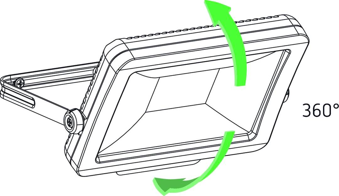 Ilustracja regulowanego reflektora ze strzałkami wskazującymi możliwe kierunki jego ruchu.