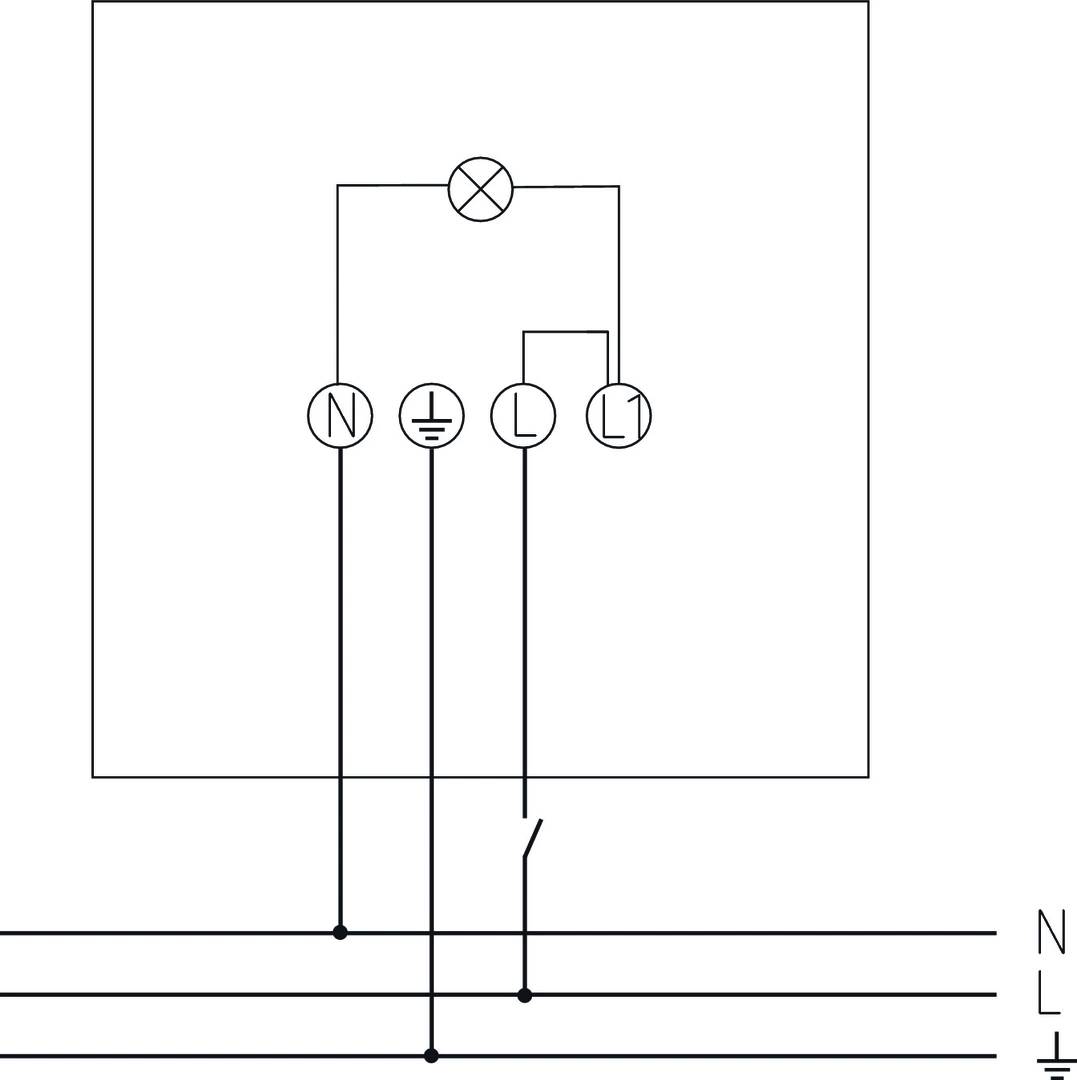 Schemat przedstawia jednobiegunowy przełącznik sterujący lampą, podłączony do przewodu neutralnego (N) i przewodu fazowego (L).