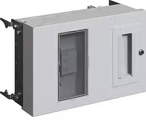 Prostokątna, szara rozdzielnia elektryczna z przezroczystymi drzwiczkami i małą klamką po prawej stronie, przeznaczona do zastosowań przemysłowych.