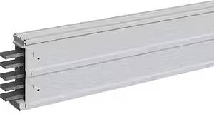 Szara korytkowa listwa kablowa z wieloma otwartymi otworami do zarządzania przewodami w sieciach lub instalacjach.