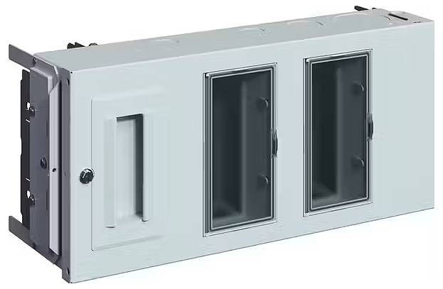 Prostokątne, metalowe pudło z dwoma prostokątnymi, ciemnymi otworami oraz mniejszym zamkniętym otworem po lewej stronie.