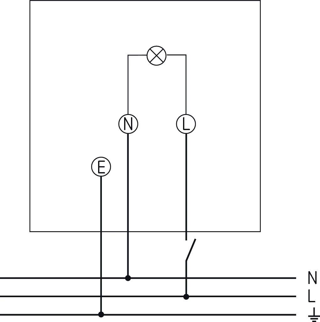 Schemat elektryczny przedstawia żarówkę (X) z przełącznikami (N, L) i uziemieniem (E). Podłączenie do sieci elektrycznej N, L, E. Po lewej stronie pozycje przełączników.