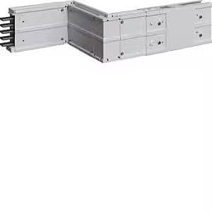 Metalowy kanał kablowy w kształcie litery L, z wieloma otworami do prowadzenia kabli. Odpowiedni do organizacji i bezpiecznego prowadzenia przewodów w budynkach.