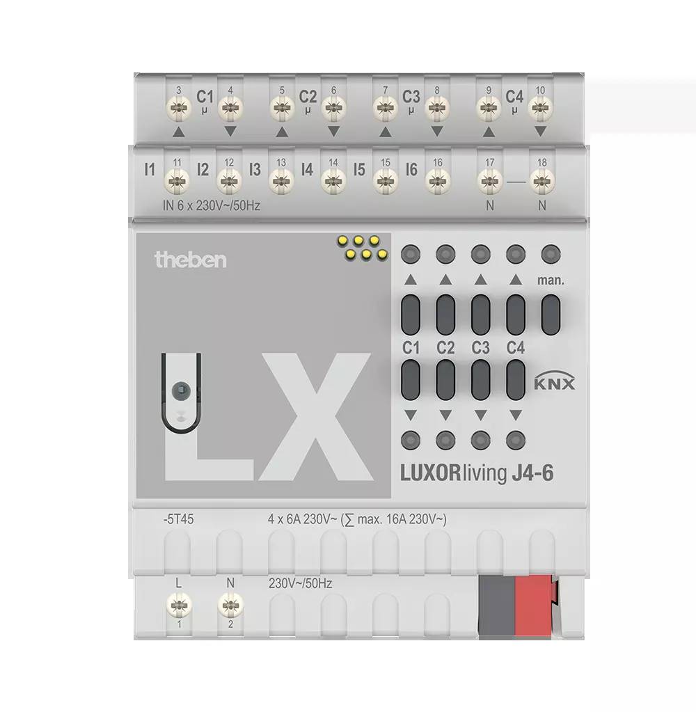 Elektryczne urządzenie sterujące 'LUXORliving J4-6' firmy Theben. Górna strona z 6 wejściami i wyjściami, kompatybilne z KNX, napięcie 230V, 6A.