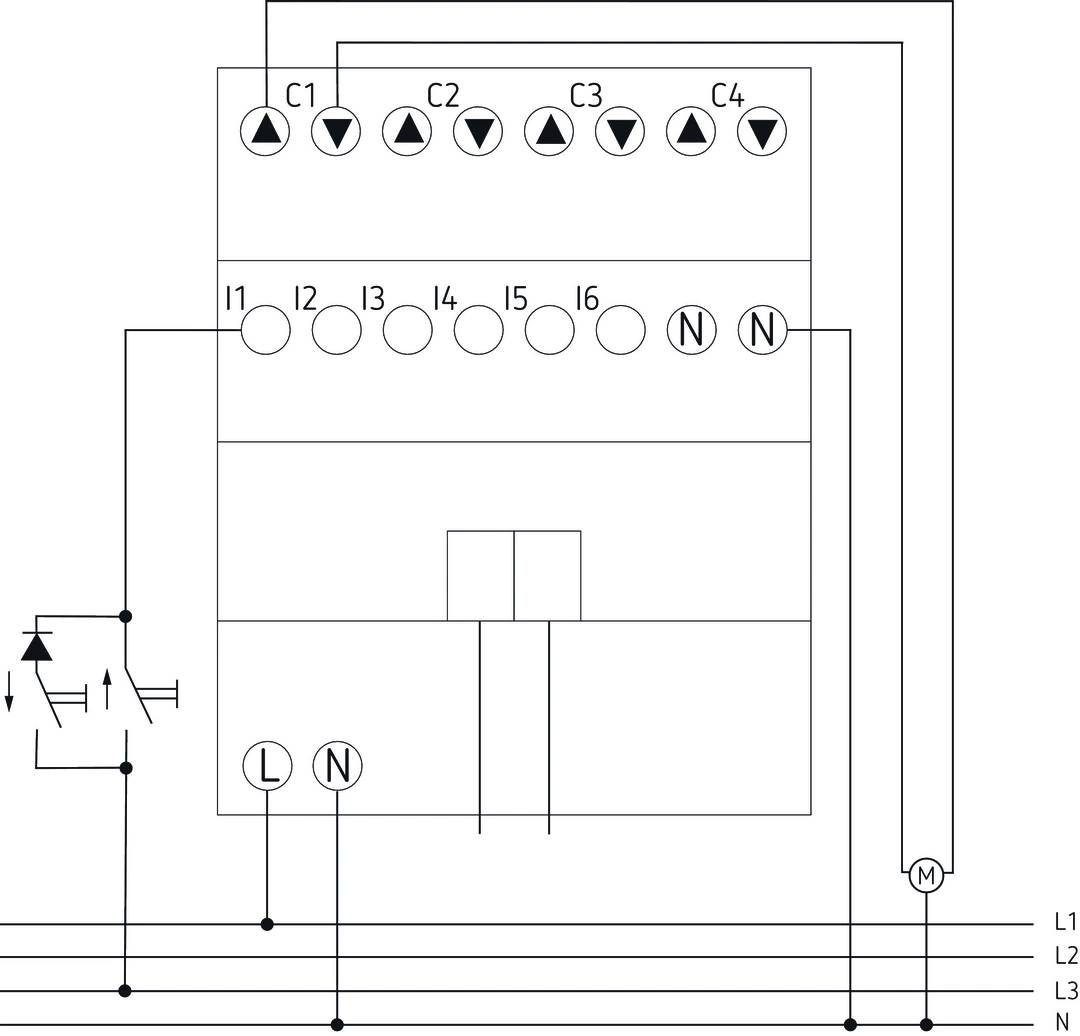 Schemat elektryczny silnika z przyłączami C1 do C4 oraz I1 do I6, połączony z L, N i M. Diagram przedstawia okablowanie i podłączenia.