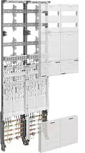 Elektryczny rozdzielnik elektryczny z otwartymi modułami drzwi przedstawia wewnętrzne okablowanie i komponenty w układzie pionowym.