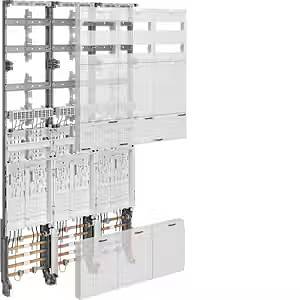 Szafa rozdzielcza elektryczna z otwartymi klapami, ukazująca wewnętrzne okablowanie i komponenty łączeniowe, widoczna konstrukcja modułowa.