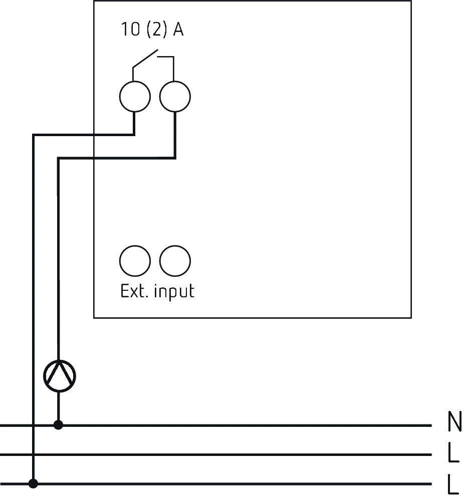 Schemat pokazuje podłączenie elektryczne z wyłącznikiem oznaczonym '10 (2) A' i 'Wejście zewn.', połączonym z przewodem sieciowym.