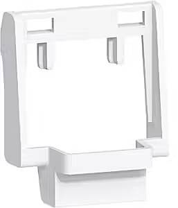 Biały, prostokątny uchwyt plastikowy z dwoma haczykami u góry i szeroką podstawą u dołu. Idealny do mocowania małych przedmiotów.