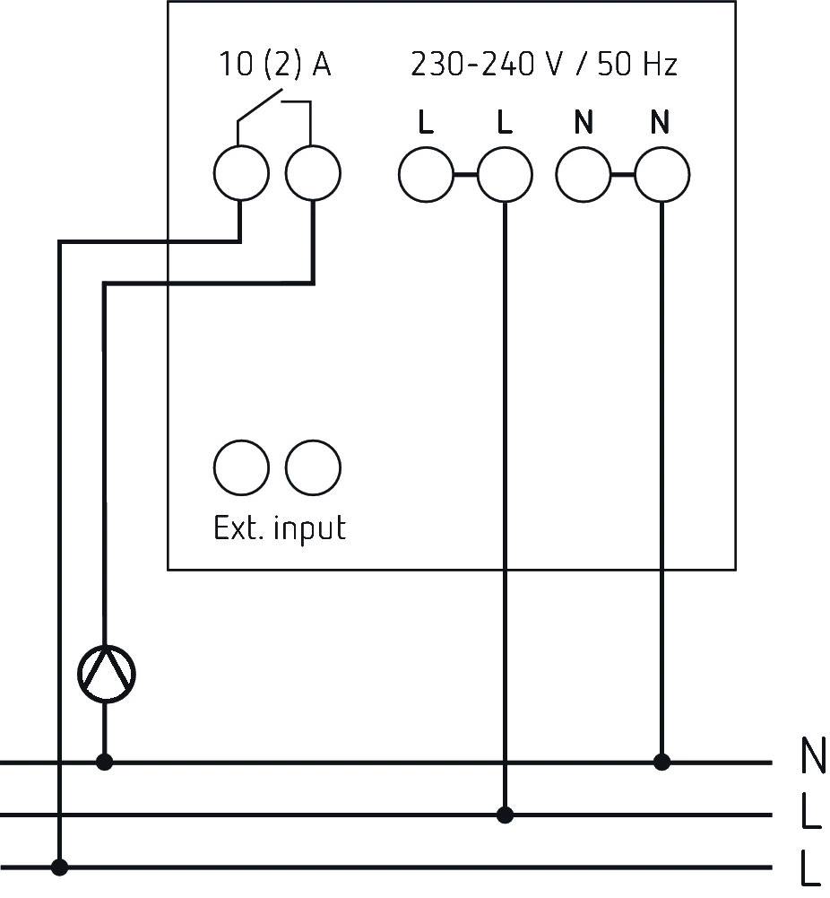 Schemat elektrycznego włącznika z oznaczeniami: '10 (2) A', '230-240 V / 50 Hz'. Przewody łączą włącznik z wejściem zewnętrznym.