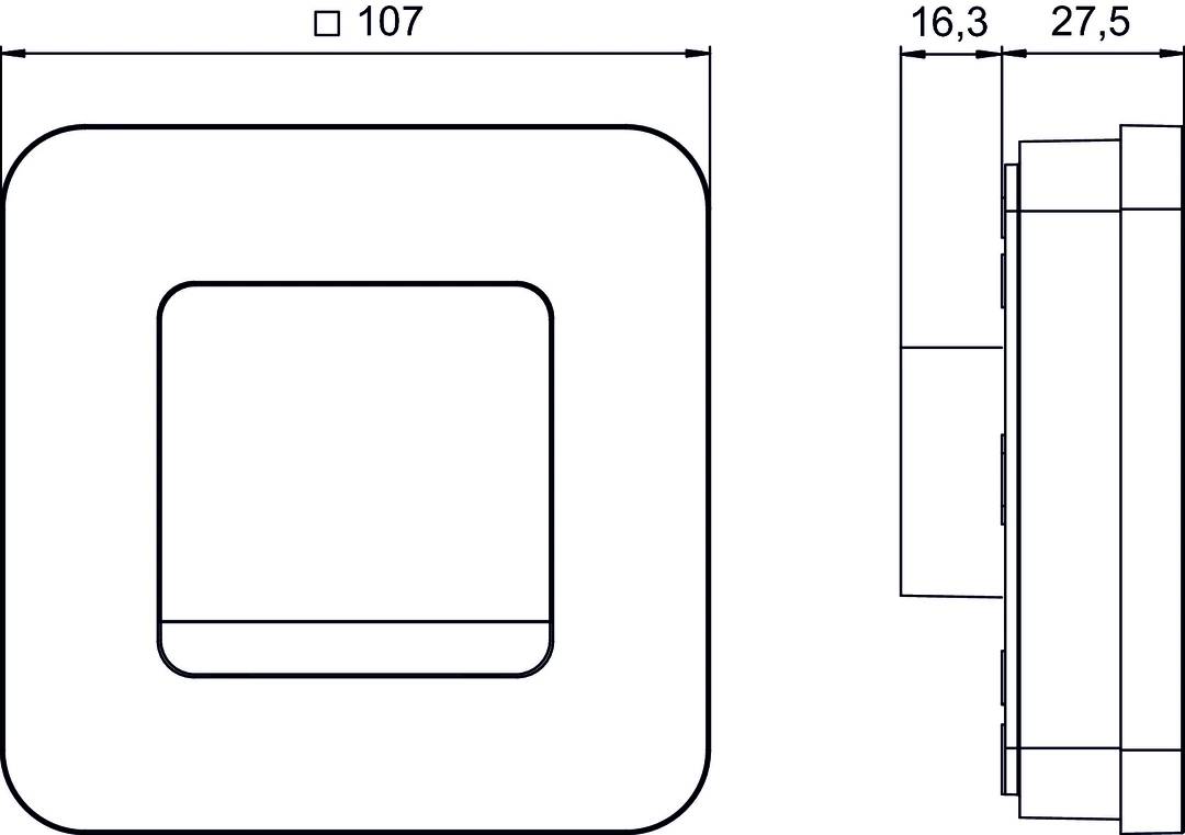 Rysunek techniczny kwadratowego włącznika o wymiarach: 107 mm szerokości i 16,3 mm głębokości, widok z boku i z przodu.