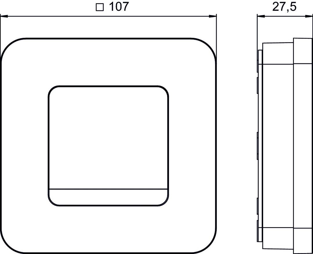 Rysunek techniczny kwadratowego przełącznika z zaokrąglonymi narożnikami. Wymiary: szerokość 107 mm. Widok z boku przedstawia wysokość.