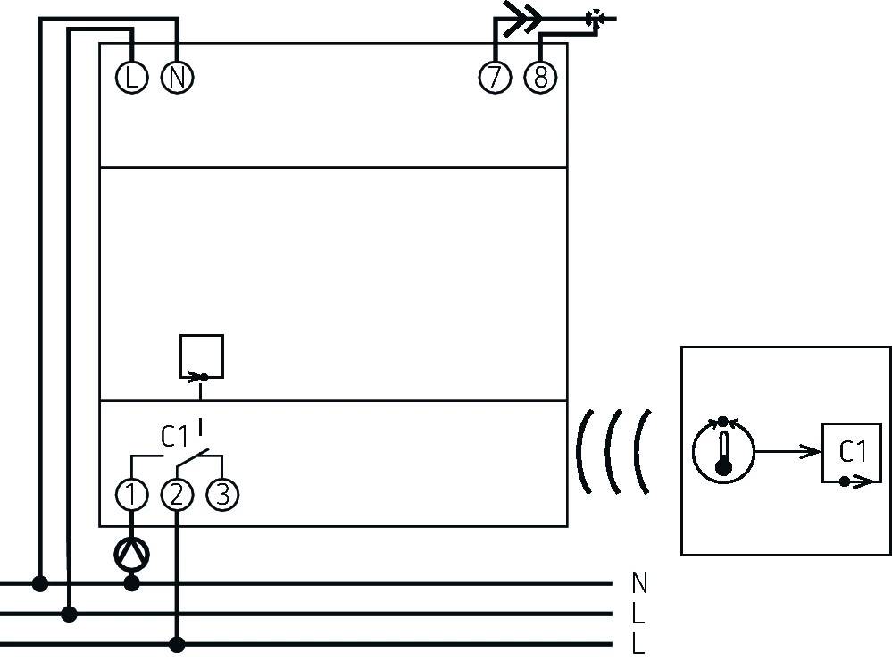 Schemat elektryczny urządzenia z punktami przyłączeniowymi, oznaczonymi numerami od 1 do 8, a także symbolami napięcia i prądu.