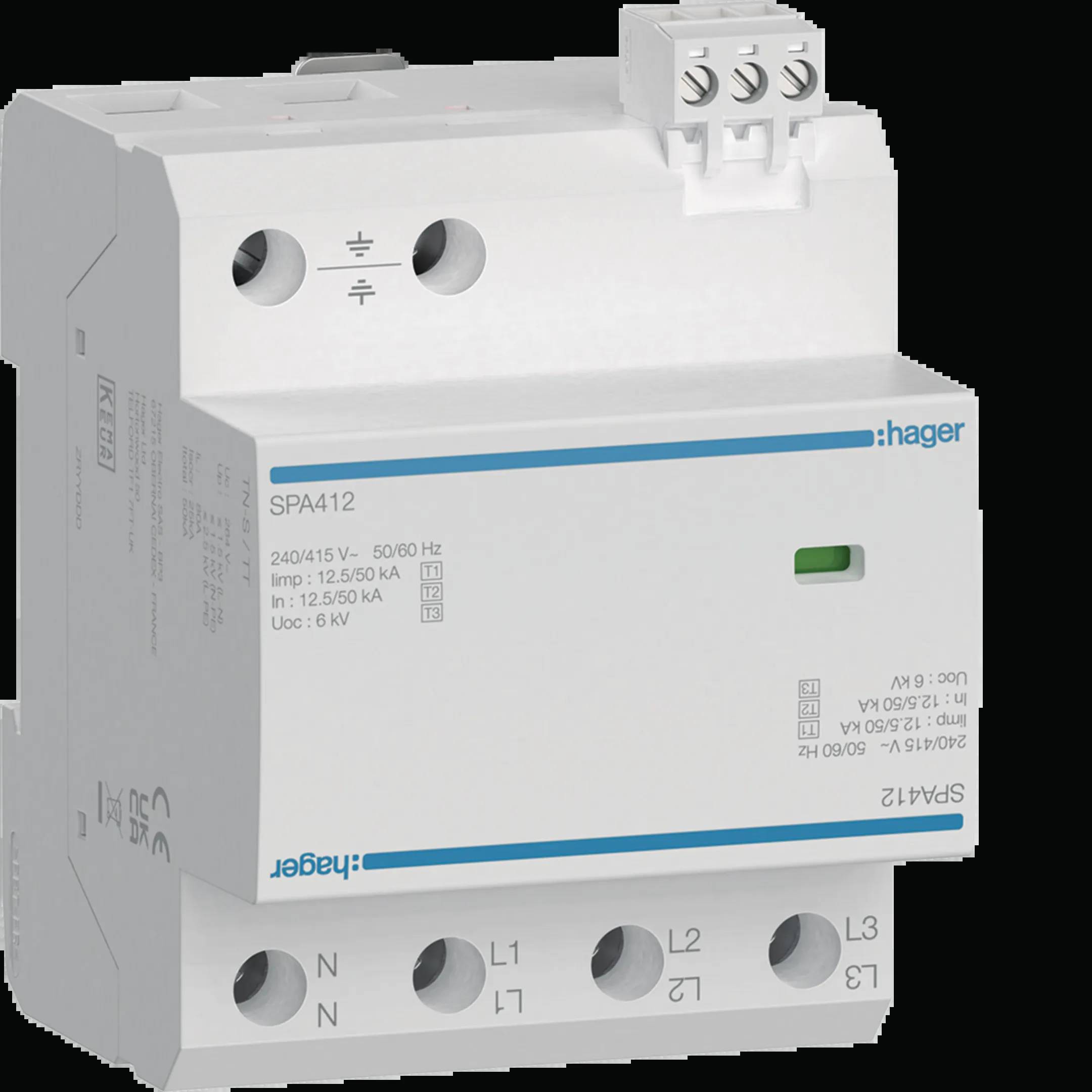 Trójbiegunowy ogranicznik przepięć marki Hager, model SP4412, przeznaczony do stosowania w instalacjach elektrycznych, prezentuje szczegóły techniczne.
